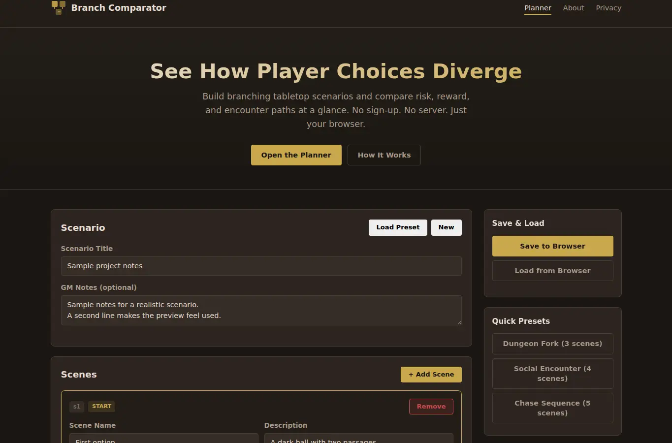 Screenshot of Tabletop Scenario Branch Comparator interface showing the project page in use